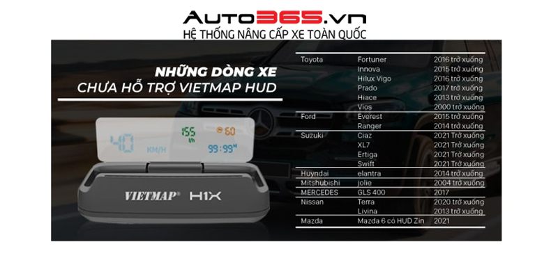 xe nào chưa hỗ trợ hud vietmap?